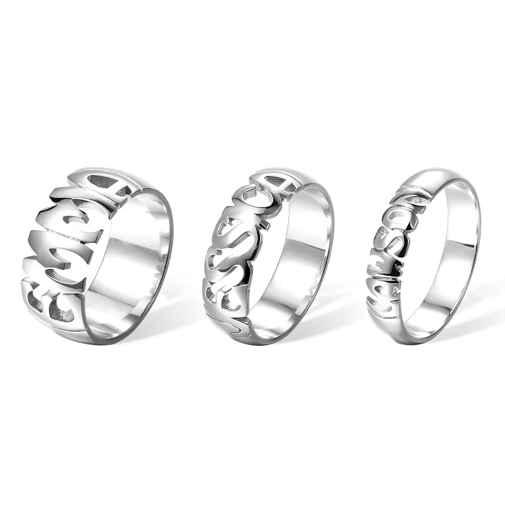 Personalized sterling silver name rings with custom cut out names