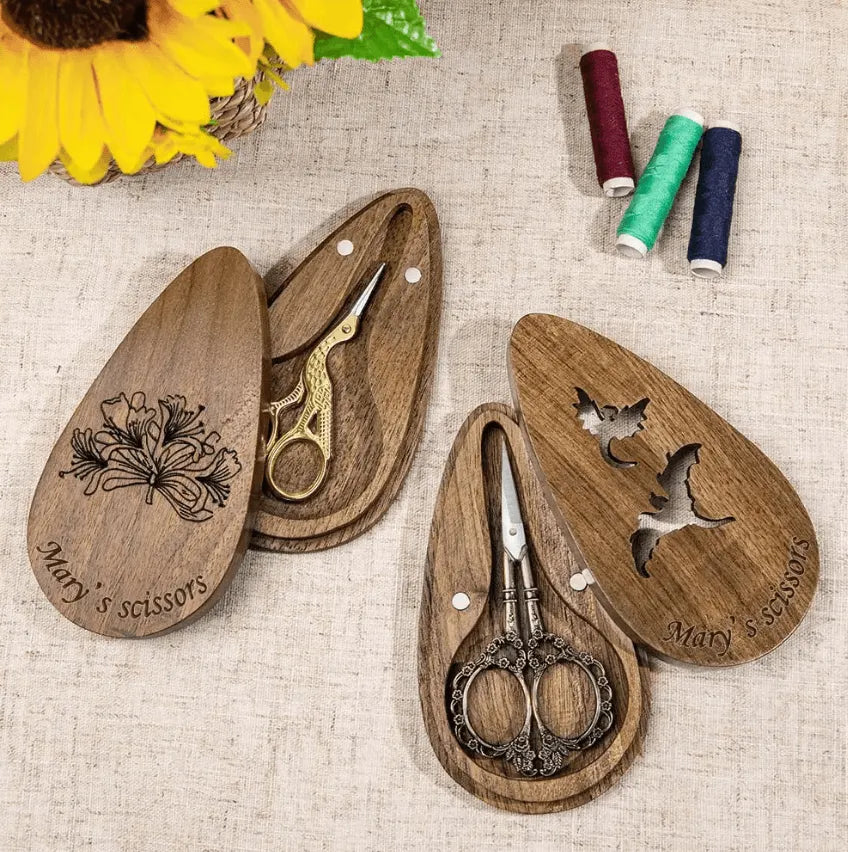 Vintage European/Stork Embroidery Scissors, Personalized Engraved Wooden Box, Custom Sewing Gift, Craft, Needlework, Mother's Day - Belbren