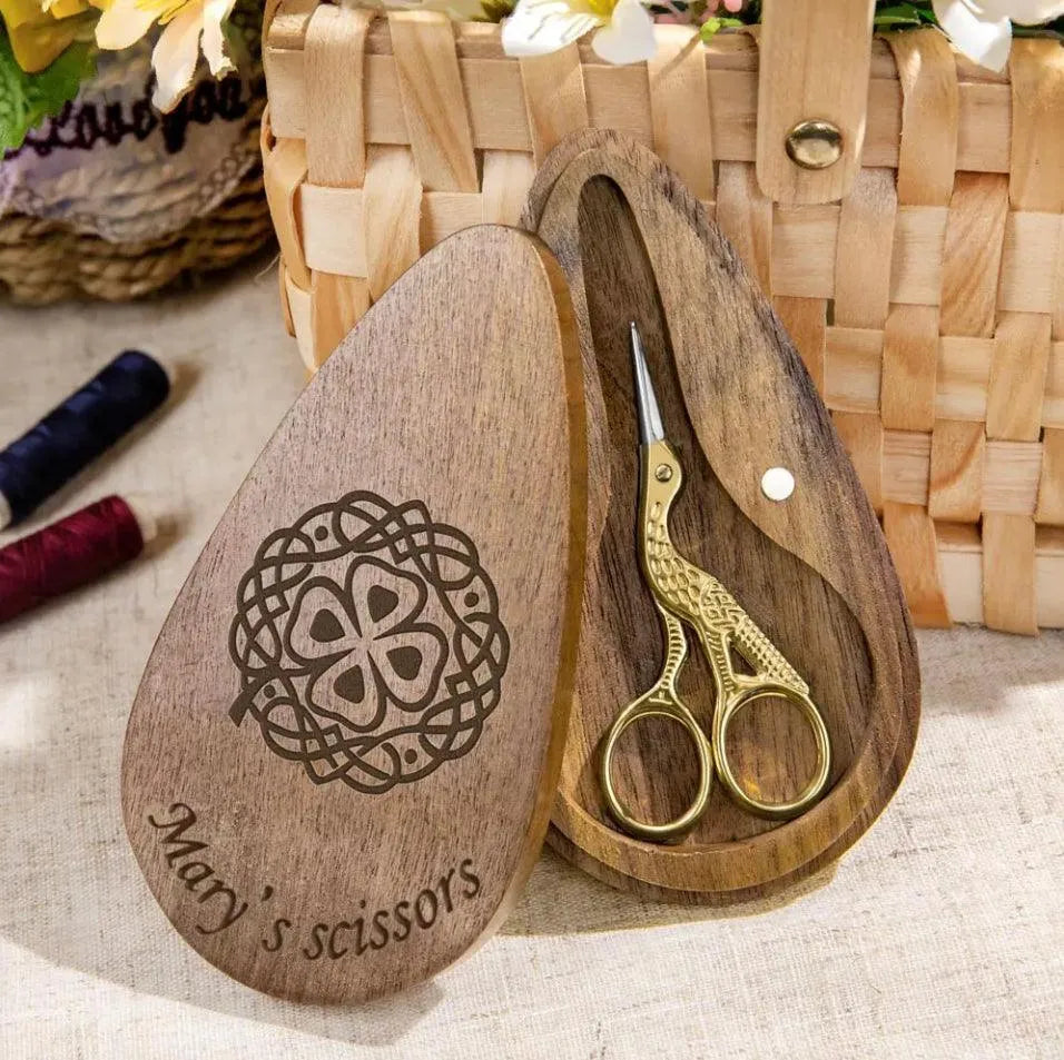 Vintage European/Stork Embroidery Scissors with Custom Engraved Wooden Box - Precision Sewing Tool for Crafters and DIY - Belbren