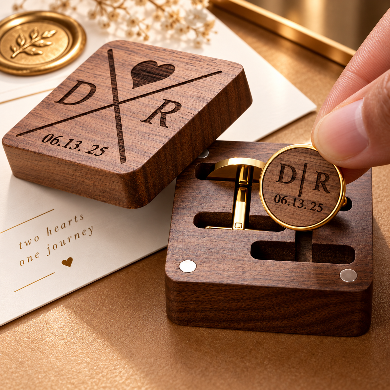 Hand holding personalized gold cufflink beside engraved wooden wedding gift box