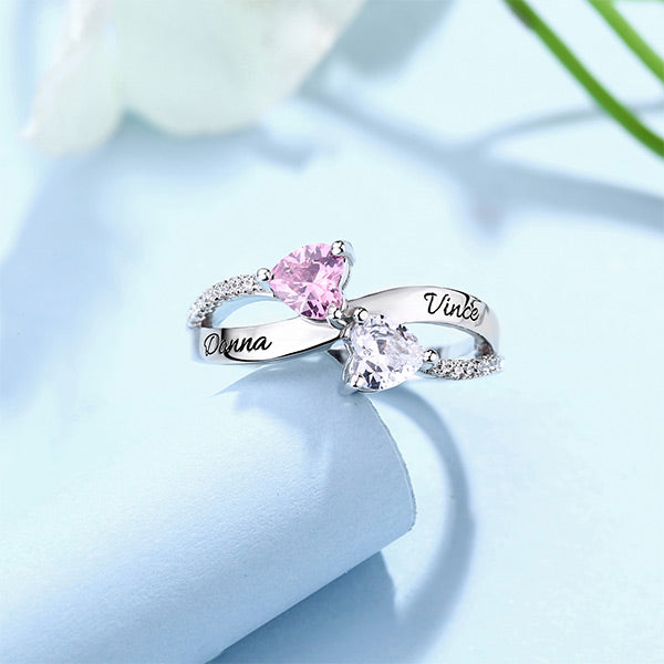 Personalized Name Engraved Couple's Ring with Birthstones