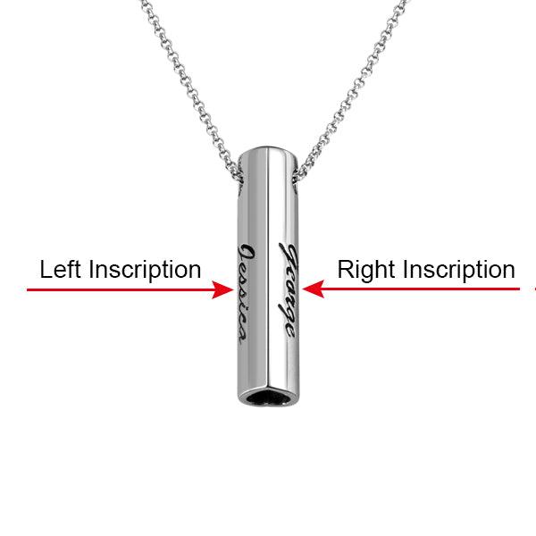 Sterling silver bar pendant necklace with left inscription "Jessica" and right inscription "George," displayed on a delicate chain.