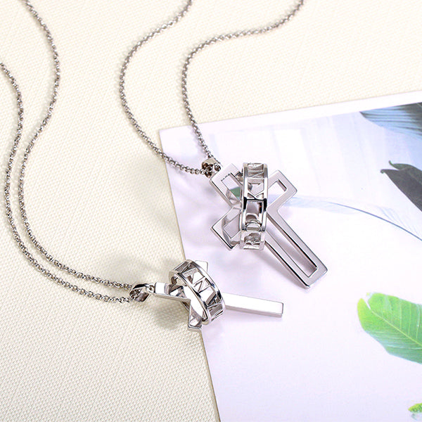 Personalized Couple Symbol of Faith Cross Necklace with Halo Ring