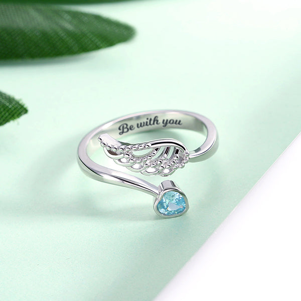 Sterling Silver Angel Wing Ring - Customizable Memorial & Promise Jewelry with Birthstone and Engraving, Symbolic Guardian Angel Keepsake Gift