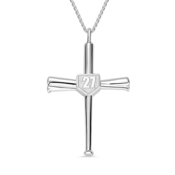 Silver baseball bat cross pendant with number 27 on a hexagonal center, hanging on a chain.