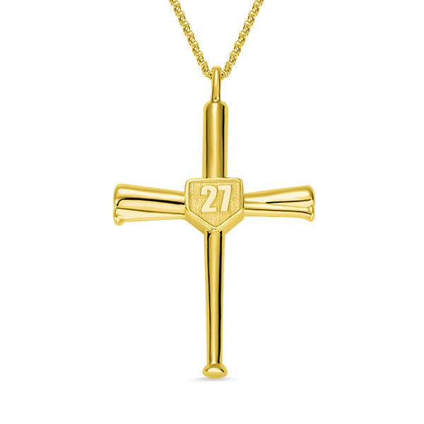 Gold baseball cross necklace featuring the number 27 on a hexagonal shield, complemented by a fine gold chain.