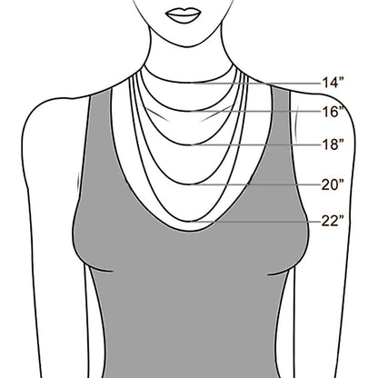 Illustration of necklace length options from 14 inches to 22 inches, showing how different lengths fit on a woman's chest.