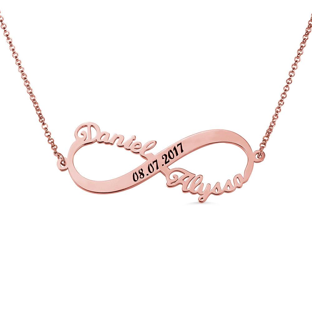 Rose gold Personalized Infinity Necklace with the names Daniel and Alyssa and custom date engraving 08.07.2017, made of Sterling Silver 925.