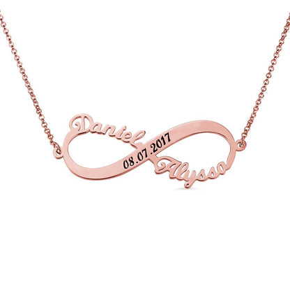 Rose gold Personalized Infinity Necklace with the names Daniel and Alyssa and custom date engraving 08.07.2017, made of Sterling Silver 925.