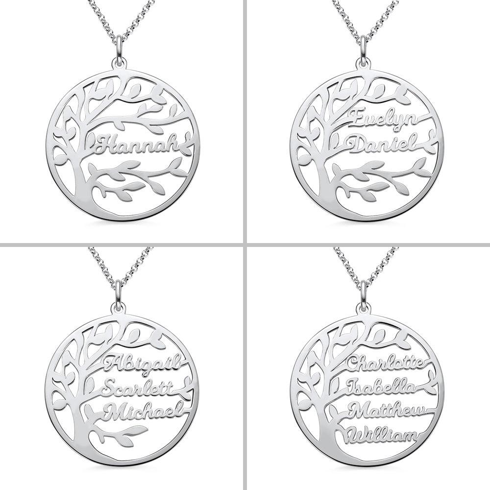 Four silver necklaces with round pendants, each featuring a tree design and names: "Hannah," "Evelyn Daniel," "Abigail Scarlett Michael," and "Charlotte Isabella Matthew William."