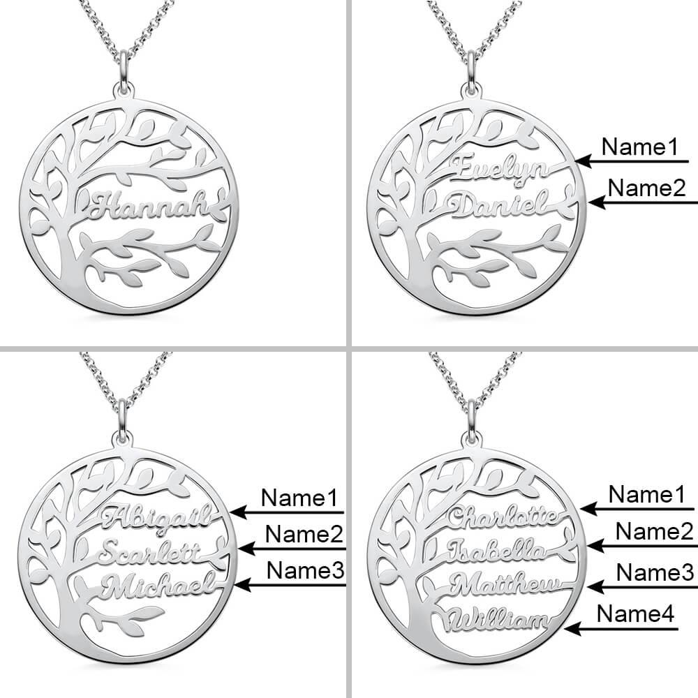 Four silver necklaces with round pendants featuring a tree design and labeled sections for names: "Hannah," "Evelyn Daniel," "Abigail Scarlett Michael," and "Charlotte Isabella Matthew William."