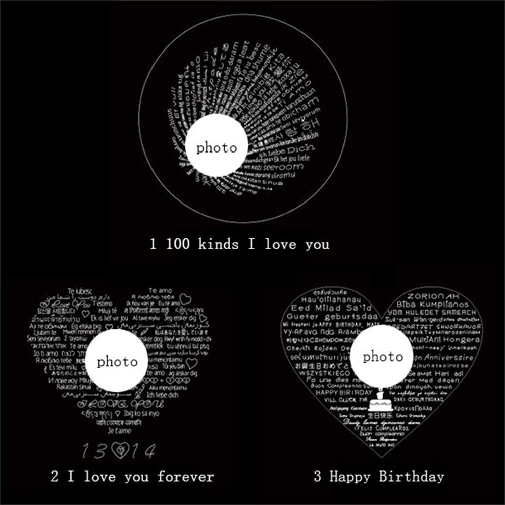 Three customizable pendant designs with photo slots: one with "100 kinds I love you," one with "I love you forever," and one with "Happy Birthday" in various languages.