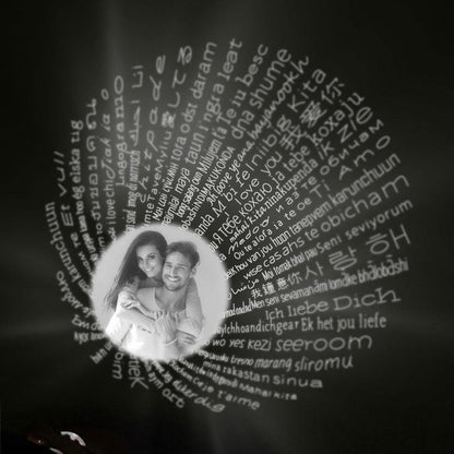 Circular projection with "I love you" in multiple languages surrounding a central photo of a smiling couple, illuminated against a dark background.