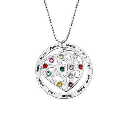 Silver heart-shaped family tree necklace with names and birthstones on a chain.
