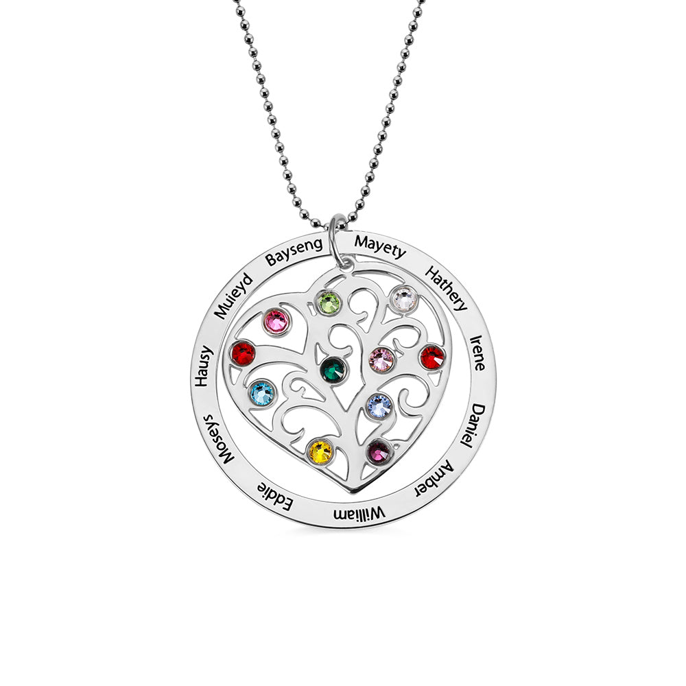 Personalized Family Tree Necklace - Custom Silver Pendant with Engraved Names & Birthstones - Ideal Gift for Mothers and Grandmothers