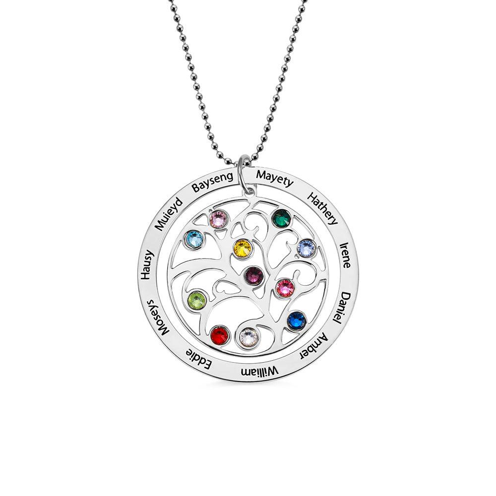 Customized family tree pendant with names and birthstones on a silver necklace.