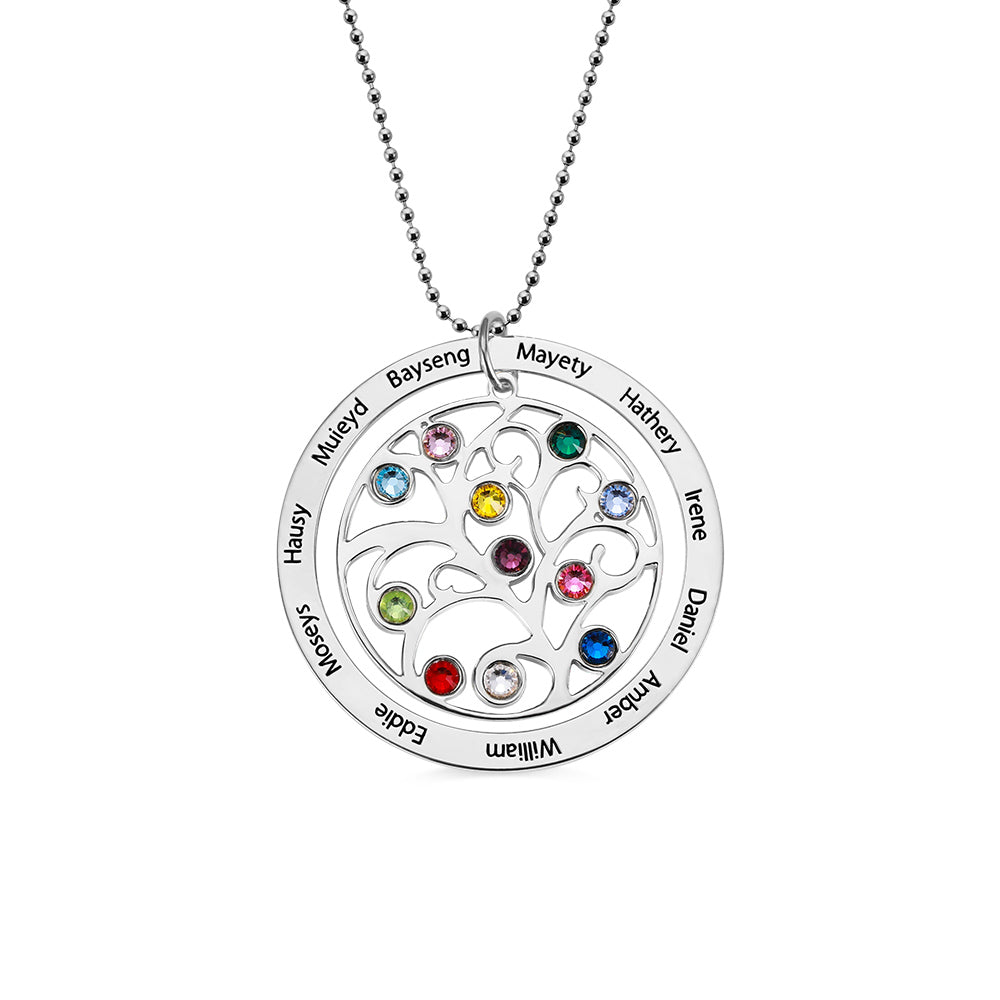Personalized Family Tree Necklace - Custom Silver Pendant with Engraved Names & Birthstones - Ideal Gift for Mothers and Grandmothers