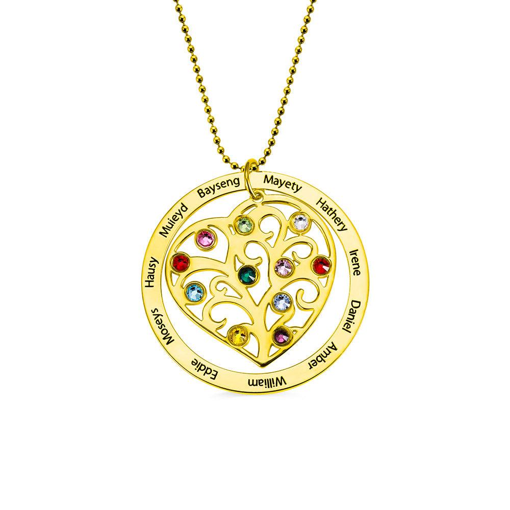 Gold heart-shaped necklace adorned with a family tree design and birthstones.