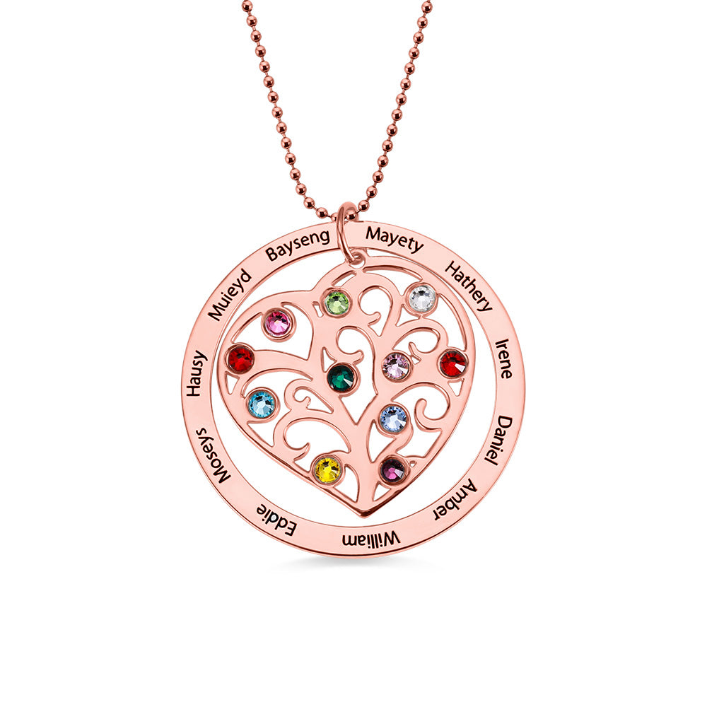 Personalized rose gold necklace with a heart-shaped pendant featuring colorful birthstones and engraved names, symbolizing family and love.