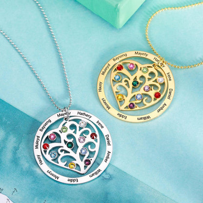 Family tree necklace adorned with birthstones, a symbol of cherished familial bonds and personal connections.