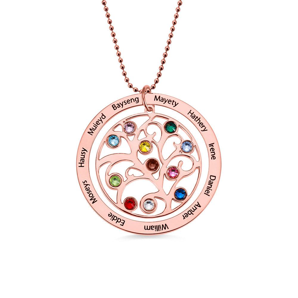 Personalized rose gold necklace with a tree-shaped pendant featuring colorful birthstones and engraved names, symbolizing family and love.