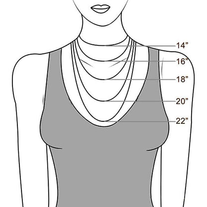 A diagram of a woman wearing necklaces of different lengths, labeled from 14 inches to 22 inches, showing how they fall on the chest.