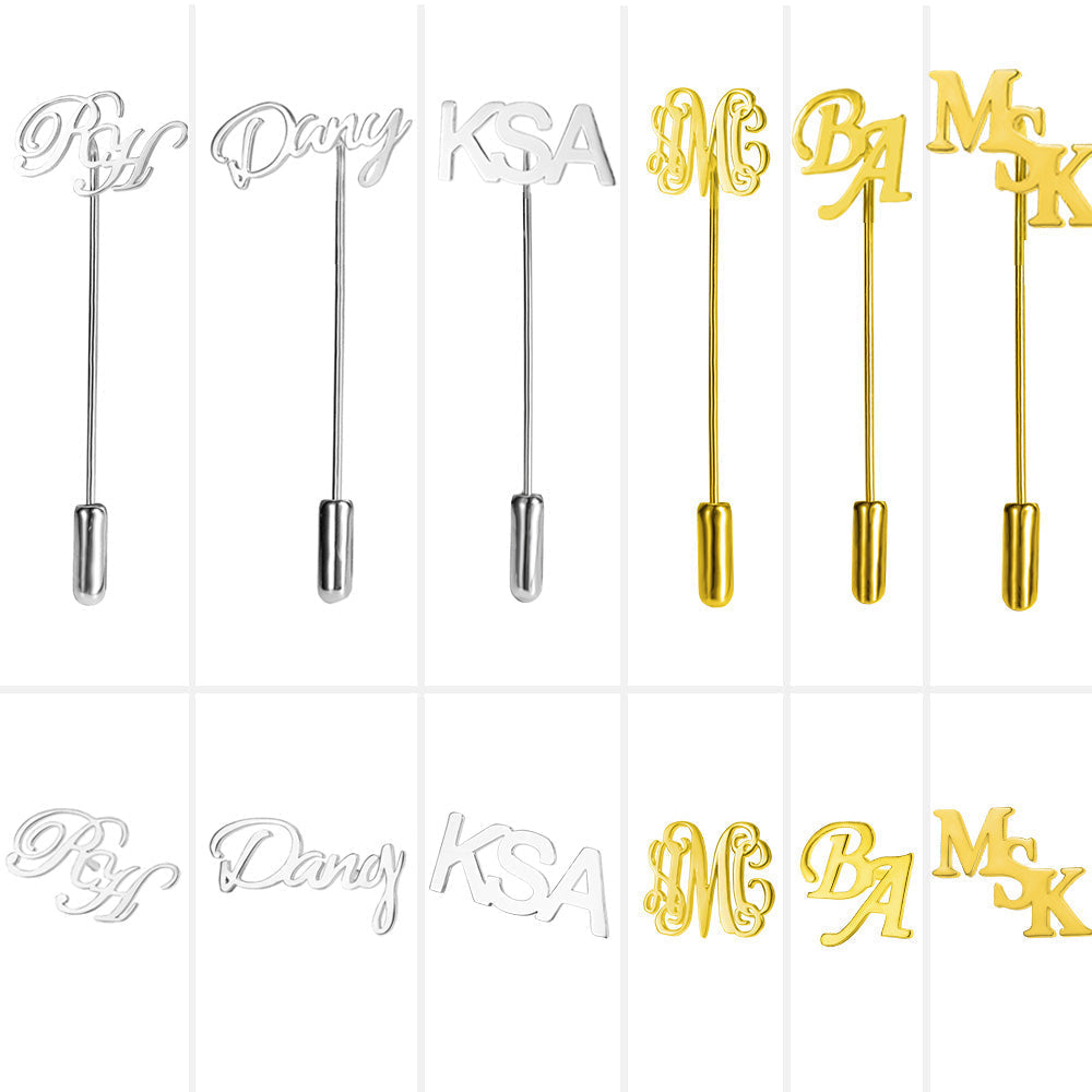 Variety of script lapel pins in silver and gold, featuring initials 'RH', 'Dang', 'KSA', 'MSK', 'BA'.