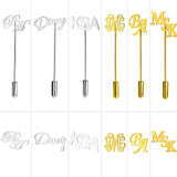 Variety of script lapel pins in silver and gold, featuring initials 'RH', 'Dang', 'KSA', 'MSK', 'BA'.
