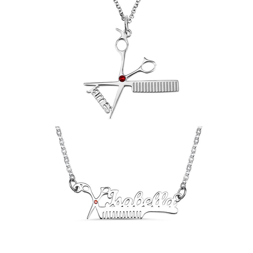 Personalized hairdresser name necklaces featuring scissors and comb pendants with names 'James' and 'Isabella' in sterling silver.