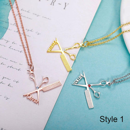 Assorted personalized hairdresser necklaces with scissors and comb pendants in rose gold, gold, and silver, featuring names 'Olivia' and 'James in Style 1.