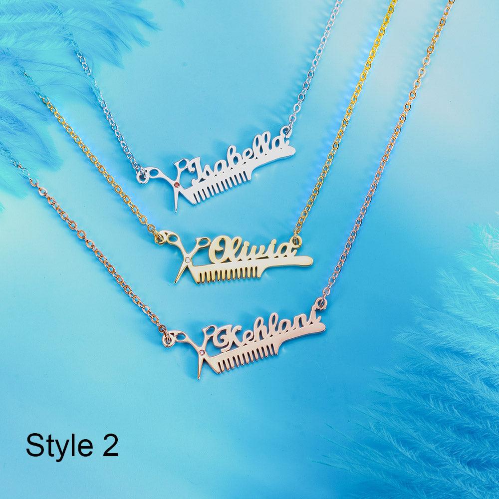 Style 2 personalized hairdresser necklaces with scissors and comb pendants in silver, gold, and rose gold, featuring names 'Isabella,' 'Olivia,' and 'Kehlani.