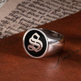 Silver Unisex Initial Signet Ring - Customizable Old-English Letter, Vintage Style, Gothic Jewelry