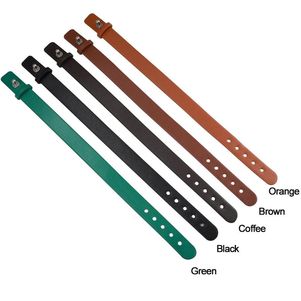 Assorted leather wristbands in green, black, coffee, brown, and orange, displayed on a neutral background.