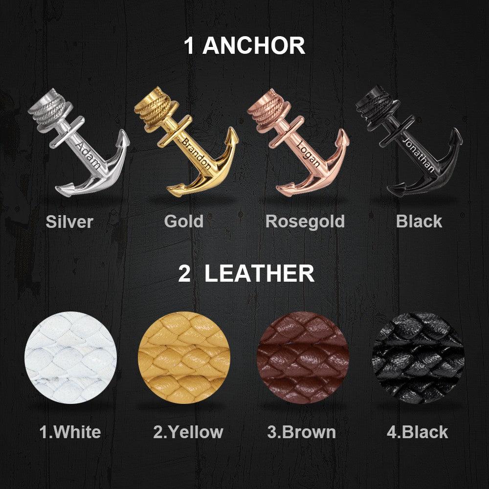 Customizable bracelet options: silver, gold, rosegold, black anchors, and white, yellow, brown, black leathers.