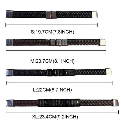 Four sizes of braided leather bracelets with stainless steel clasps, detailed with size measurements.