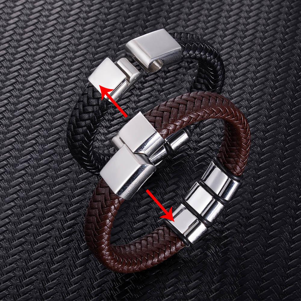 Black and brown braided leather bracelets with stainless steel clasps, highlighted with red arrows.