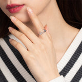 Silver Pinky Promise Ring on Woman with Striped Top and Red Lips