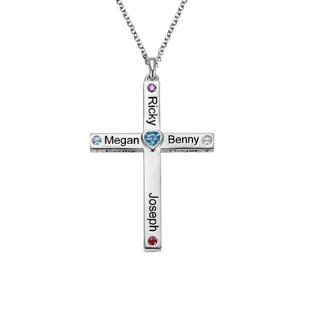 Personalized heart cross necklace featuring names and birthstones on a silver chain, showcasing a unique blend of faith and love.