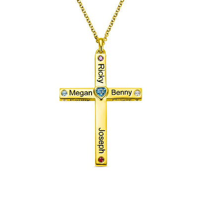 Personalized heart cross necklace in gold featuring names and birthstones, symbolizing faith and love, on a gold chain.