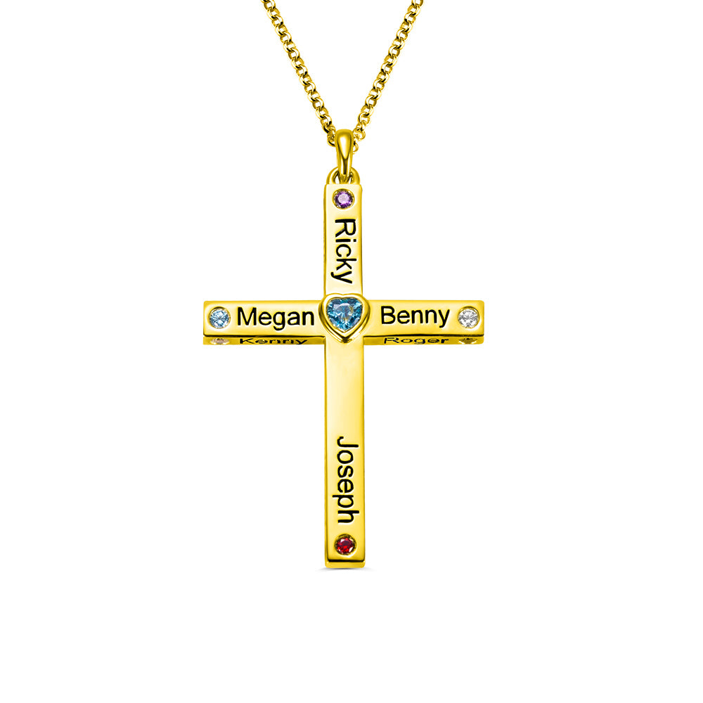 Personalized heart cross necklace in gold featuring names and birthstones, symbolizing faith and love, on a gold chain.