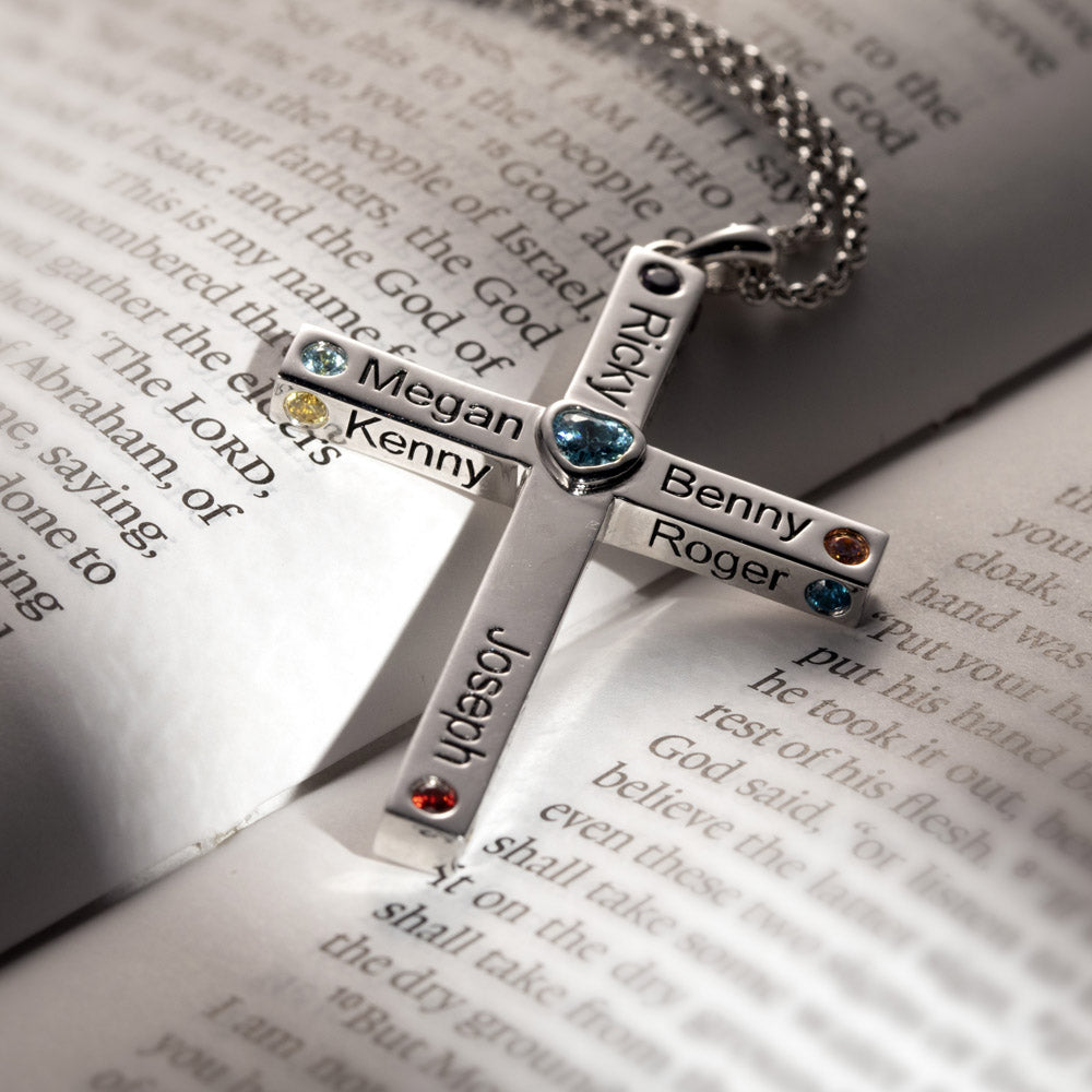 Personalized Family Heart Cross Necklace - Custom Names & Birthstones in Silver or Gold - Ideal Mothers Gift