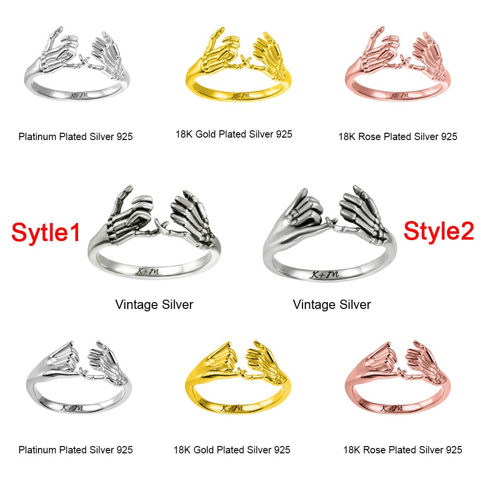 Variety of Pinky Promise rings in platinum, 18K gold, and rose gold plating, labeled Style1 and Style2 with vintage finishes.