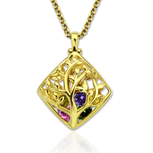 Family Tree Rhombus Cage Birthstone Necklace for Mom Sterling Silver