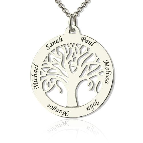 Silver necklace pendant with a tree design in the center, surrounded by names engraved around the edge: Michael, Sanah, Panl, Melissa, John, and Mandoz.