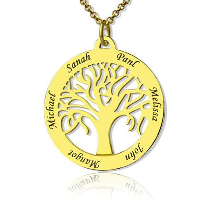 Gold necklace pendant with a tree design in the center, surrounded by names engraved around the edge: Michael, Sanah, Panl, Melissa, John, and Mandoz.