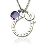 Horseshoe Good Luck Necklace with Initial & Birthstone Charm Sterling Silver