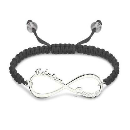 Silver Infinity symbol bracelet with names "Addison" and "Grace" engraved, paired with a black macrame band.