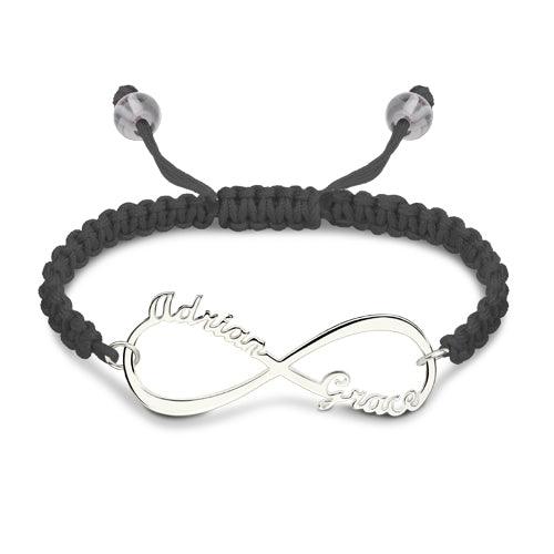 Silver Infinity symbol bracelet with names "Addison" and "Grace" engraved, paired with a black macrame band.