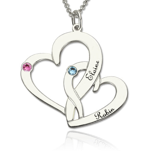 Interlocking 2 Open Hearts Necklace with Names & Birthstones
