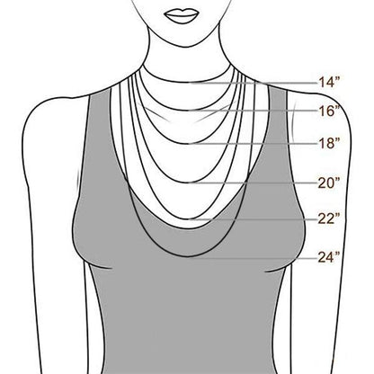 Illustration showing different necklace lengths on a woman, including 14", 16", 18", 20", 22", and 24" to help visualize how each length fits.